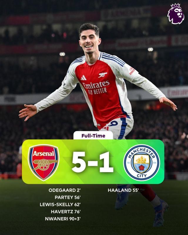 星空-【英超】阿森纳多点开花5比1大胜曼城，哈兰德破门