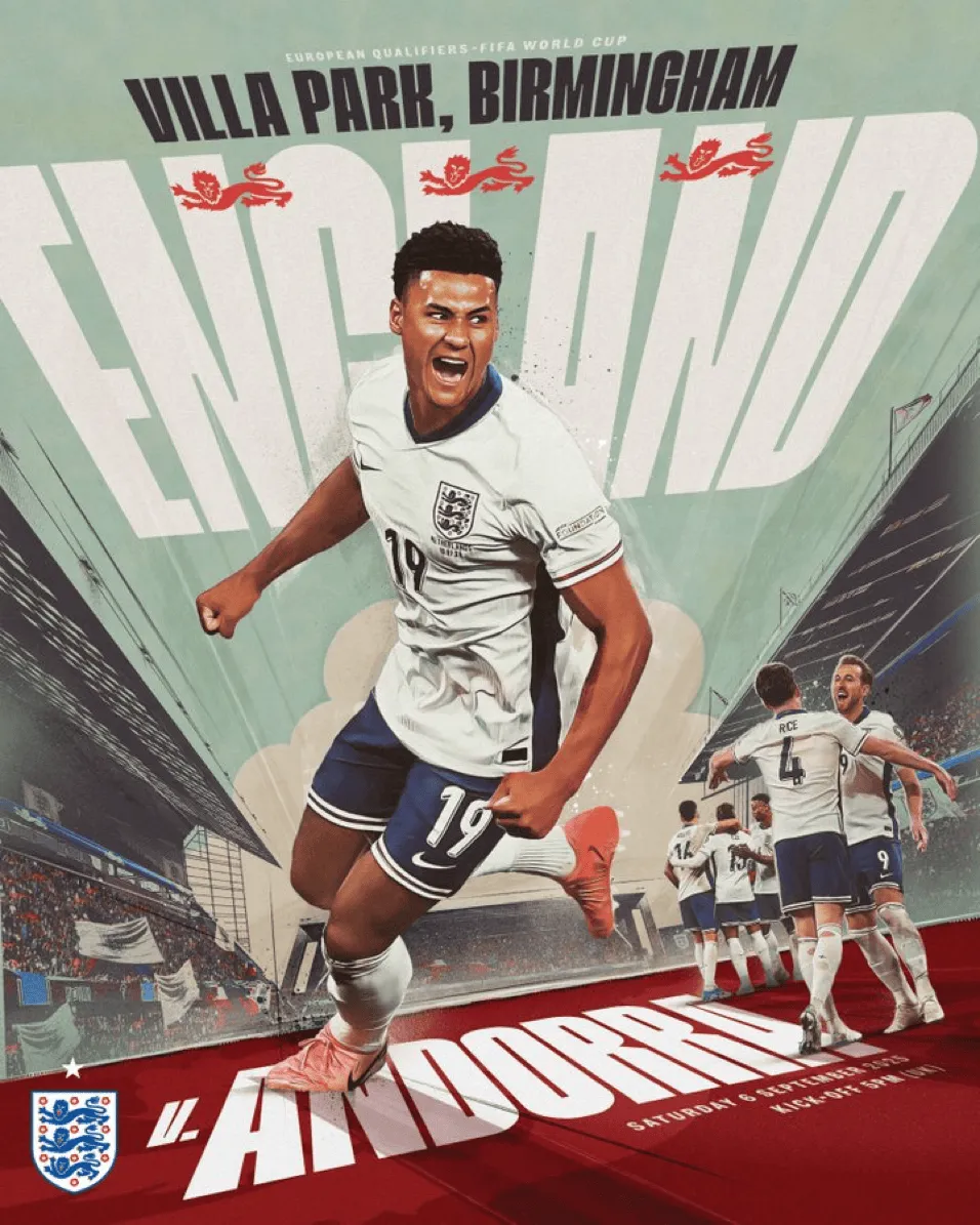 星空体育官网入口-英格兰发布对阵安道尔的赛前海报，沃特金斯出镜